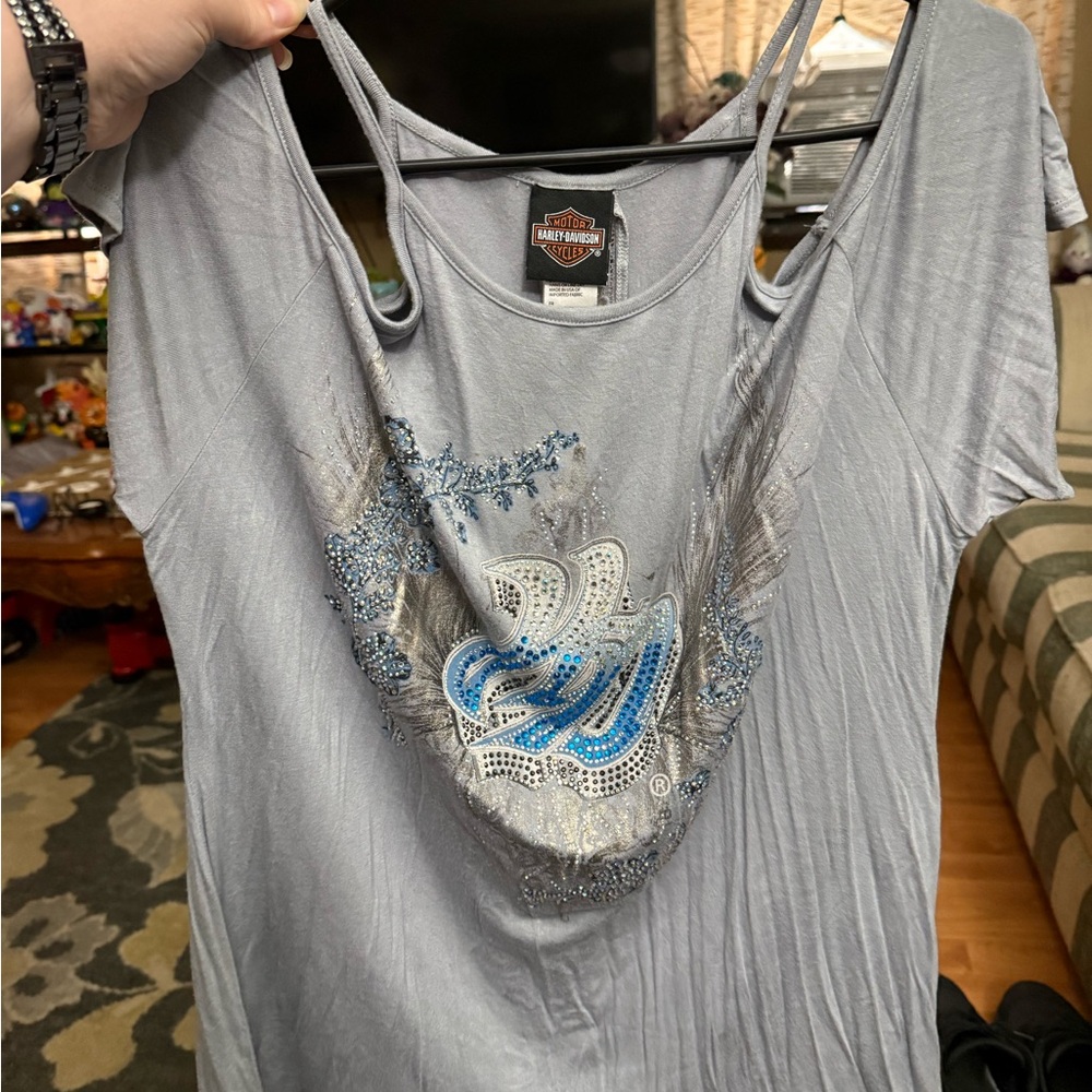 Harley-Davidson Silver and Blue Embellished Women's Blouse